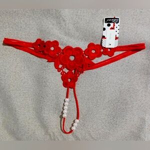 Sexy Red Embroidery Pearl G-String
